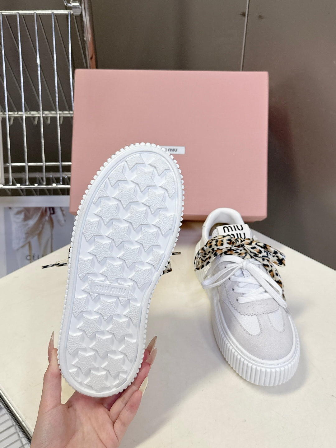 MIUMIU 25S SNEAKERS 45NN IN WHITE SUEDE WITH LEOPARD-PRINT LACES