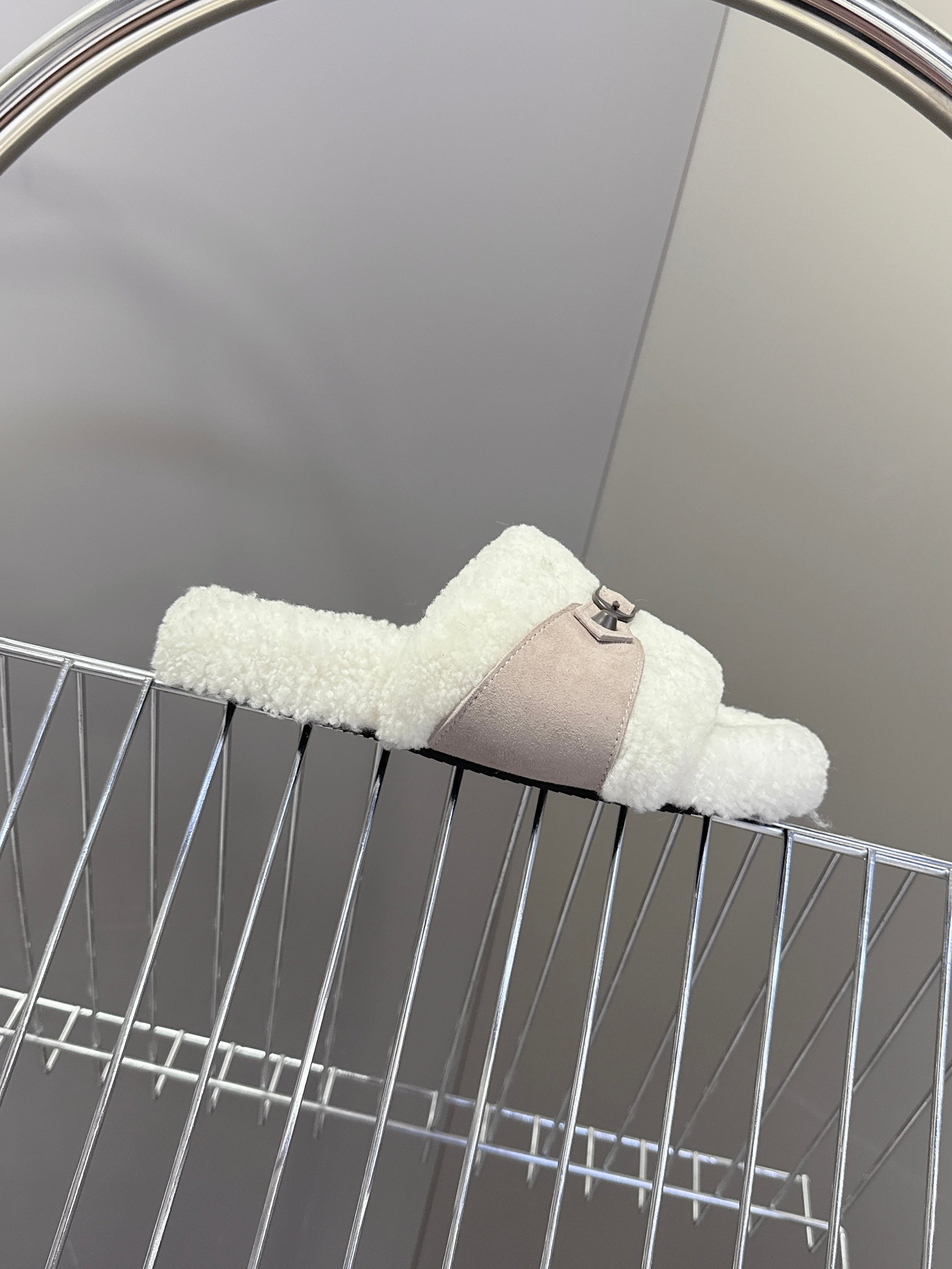 BALENCIAGA 25S SLIPPERS IN DUSTY PINK GRAY SUEDE AND WHITE WOOL