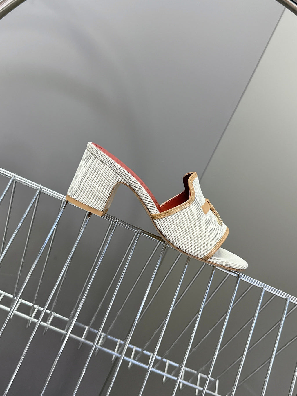 LP 26S HIGH HEEL SANDALS IN BEIGE CANVAS AND BROWN CALFSKIN