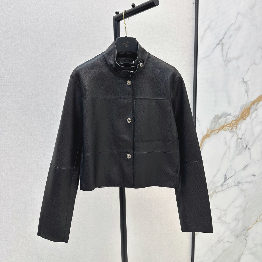 HERMES 25S STAND-COLLAR LEATHER JACKET 454