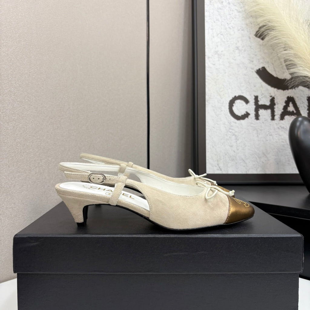 CC SLINGBACK 25S IN DUSTY BEIGE SUEDE AND GOLDEN BROWN LAMBSKIN WITH BOW