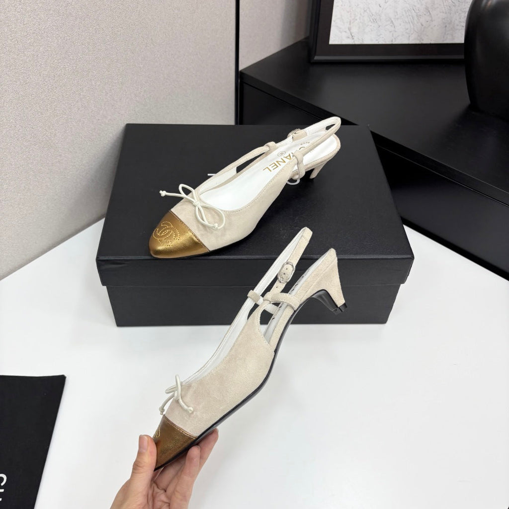 CC SLINGBACK 25S IN DUSTY BEIGE SUEDE AND GOLDEN BROWN LAMBSKIN WITH BOW