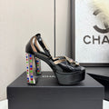 CC HIGH SANDAL 25S 110 MM IN BLACK CALFSKIN WITH MULTICOLOR STONES