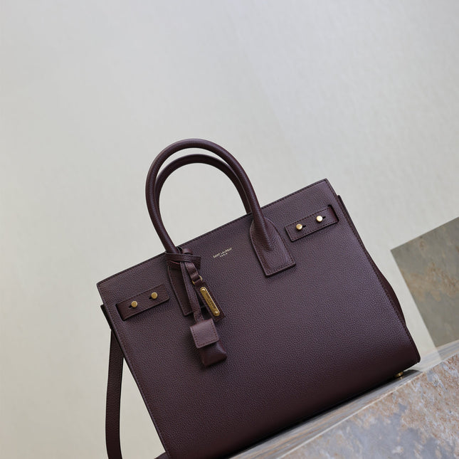 YSL 25S SAC DE JOUR GM 32 IN ROUGE CABERNET SUPPLE GRAINED CALFSKIN