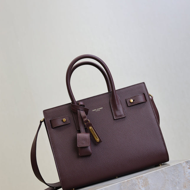 YSL 25S SAC DE JOUR MM 26 IN ROUGE CABERNET SUPPLE GRAINED CALFSKIN