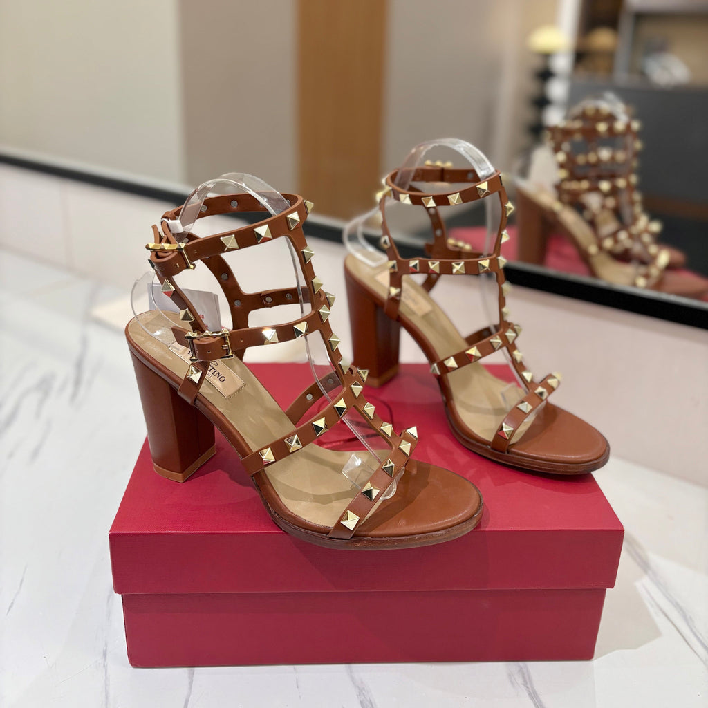 VALENTINO 26S STUDDED HIGH HEEL SANDALS 90 MM IN BROWN CALFSKIN