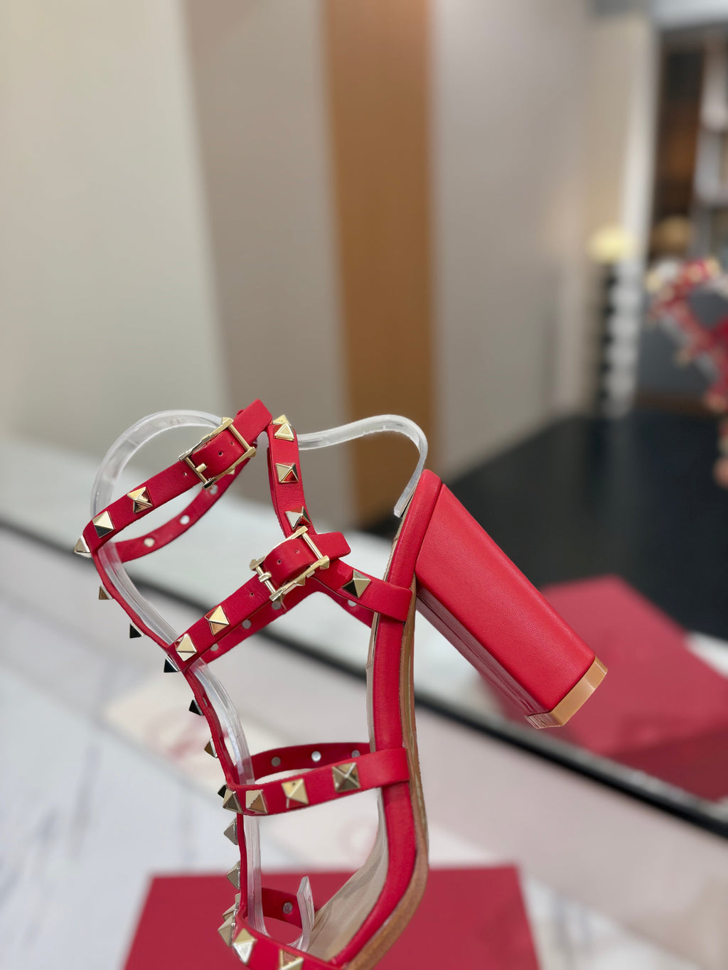 VALENTINO 26S STUDDED HIGH HEEL SANDALS 90 MM IN RED CALFSKIN