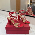 VALENTINO 26S STUDDED HIGH HEEL SANDALS 90 MM IN RED CALFSKIN