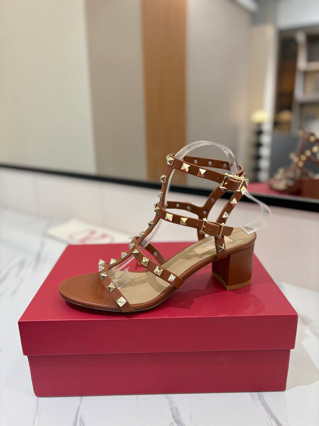 VALENTINO 26S STUDDED HIGH HEEL SANDALS 65 MM IN BROWN CALFSKIN