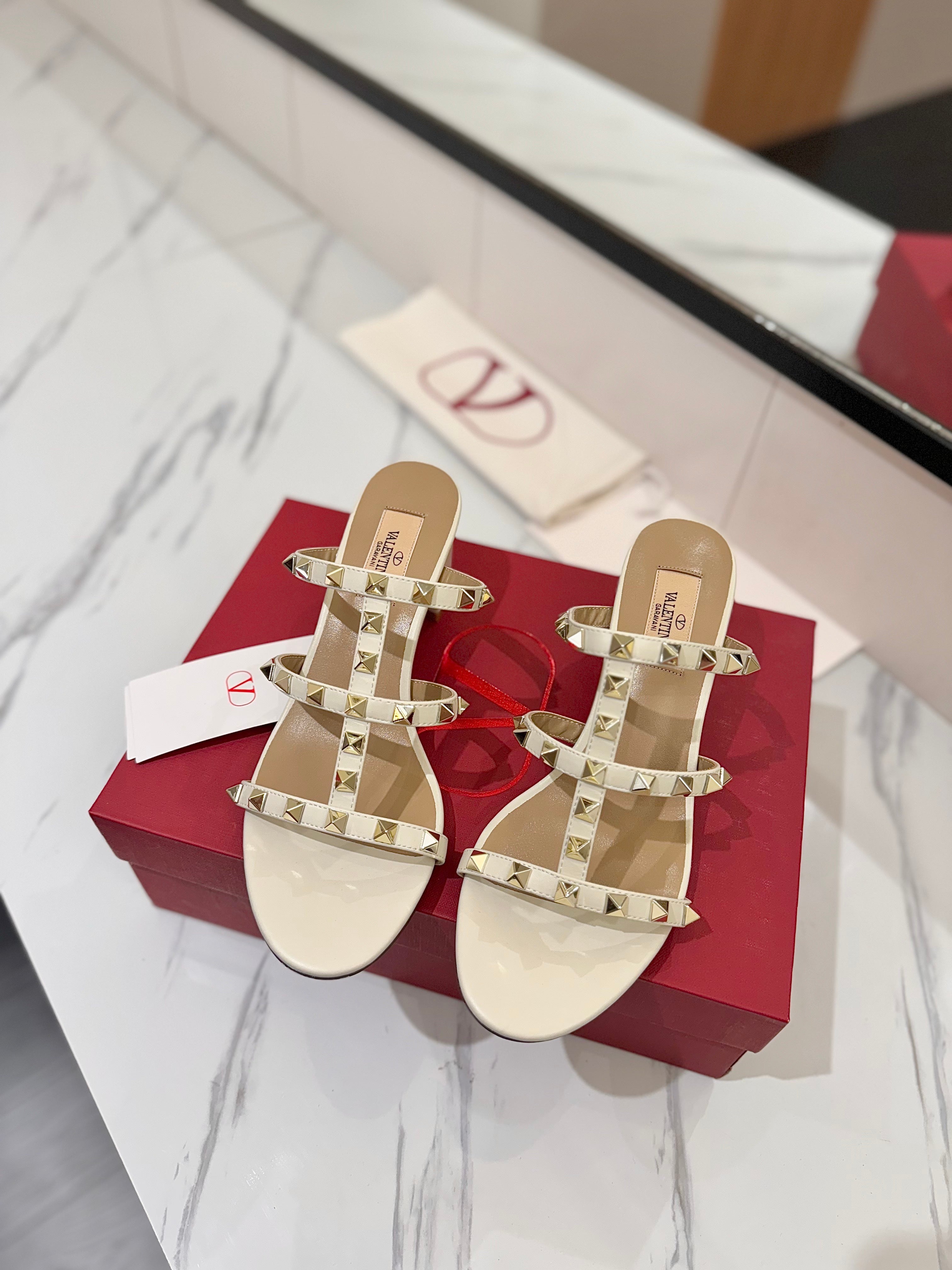 VALENTINO 26S HEELED SANDALS 60 MM IN CREAM WHITE CALFSKIN WITH GOLD STUDS