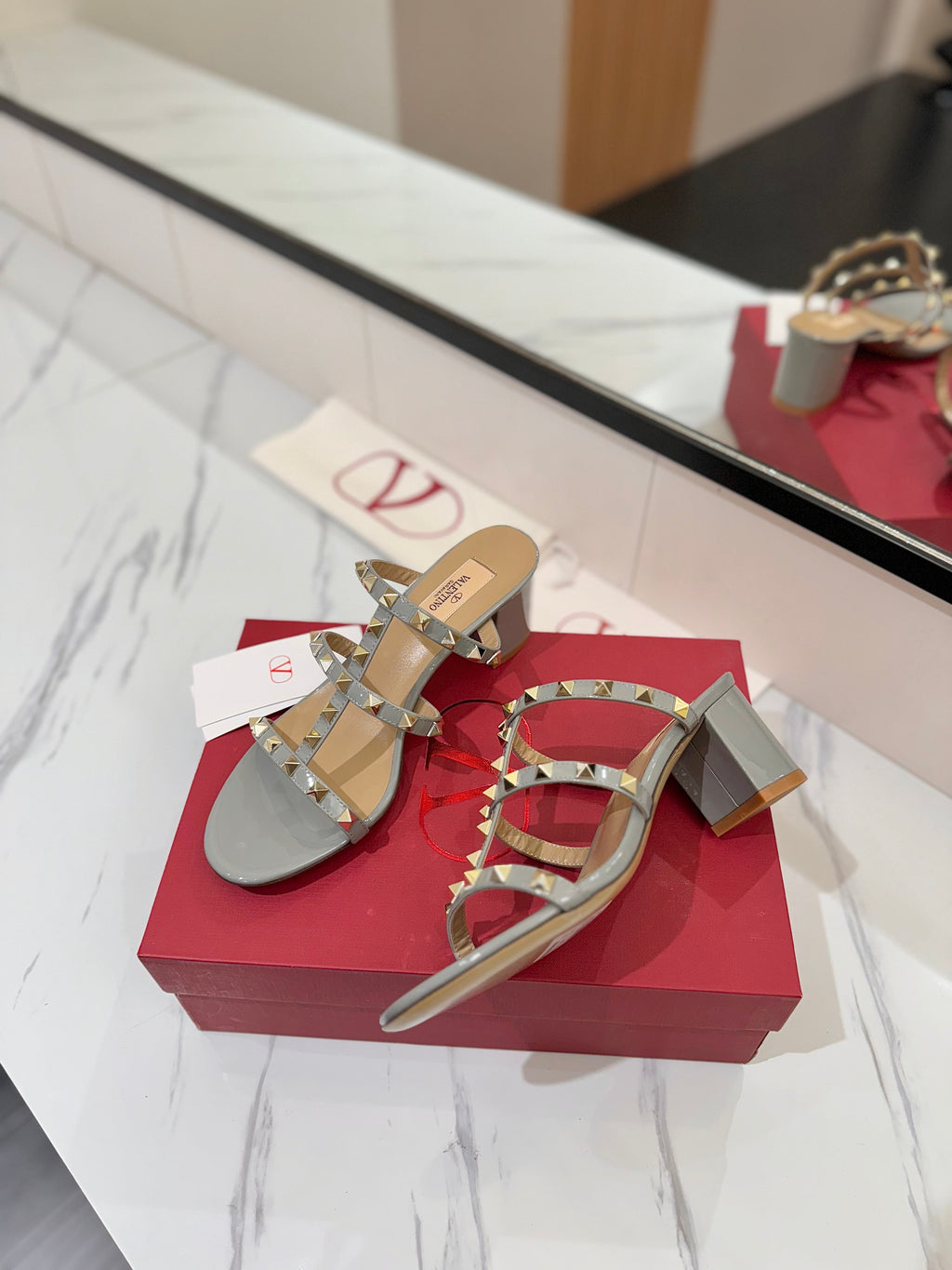 VALENTINO 26S HEELED SANDALS 60 MM IN LIGHT GREY CALFSKIN WITH GOLD STUDS