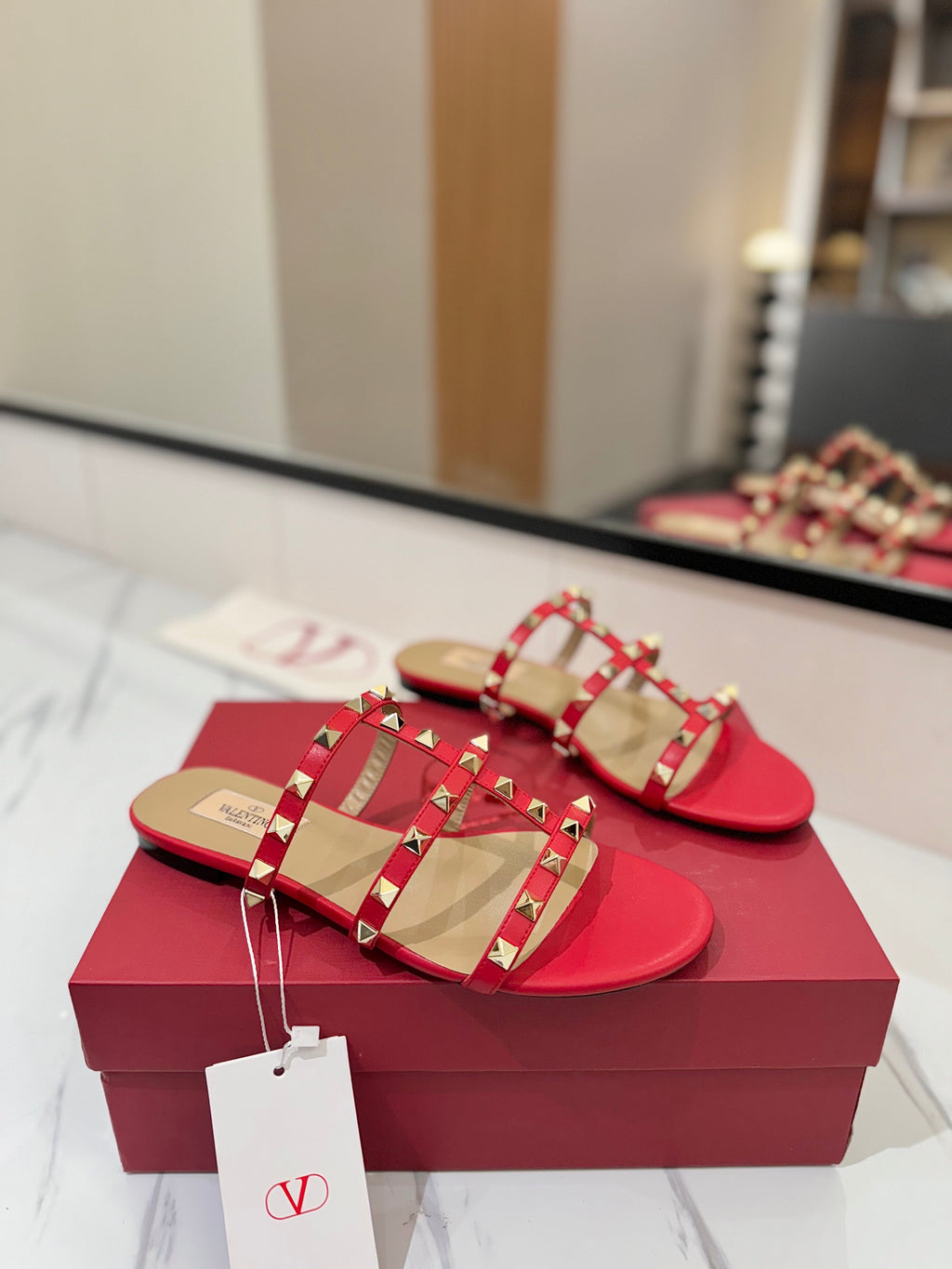 VALENTINO 26S SANDALS IN RED CALFSKIN WITH GOLD STUDS