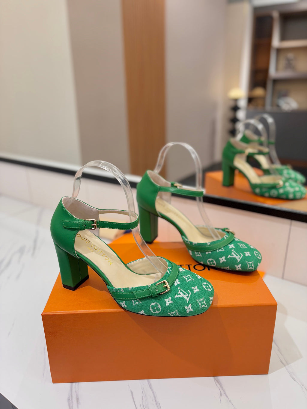 HIGH SANDALS 8 CM IN EMERALD GREEN MONOGRAM DENIM AND CALFSKIN