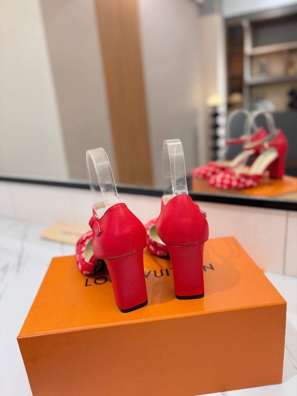 HIGH SANDALS 8 CM IN CHERRY RED MONOGRAM DENIM