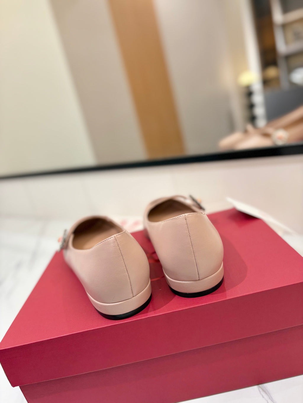 VALENTINO 26S MARY JANE FLATS IN NUDE PINK CALFSKIN WITH CRYSTAL FLOWER