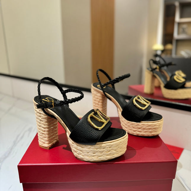 VLTN ESPADRILLE WEDGE SANDALS 25S 115 MM IN BLACK LAMBSKIN WITH GOLD HARDWARE