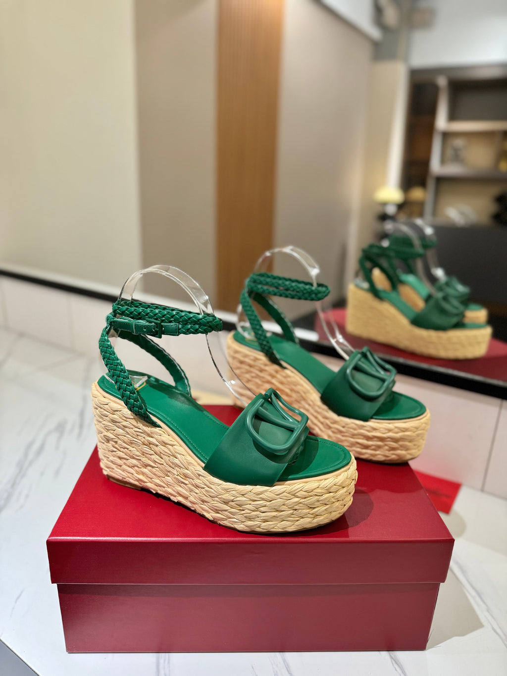 VLTN ESPADRILLE WEDGE SANDALS 25S 90 MM IN DARK GREEN LAMBSKIN STYLE 6