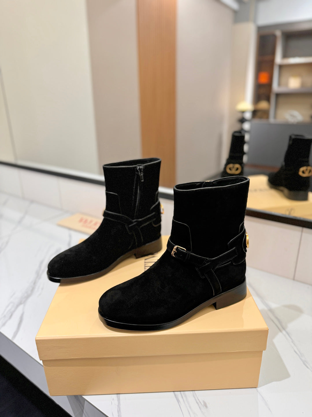 VALENTINO 25S PATTIE ANKLE BOOTS IN BLACK SUEDE WITH GOLD HARDWARE