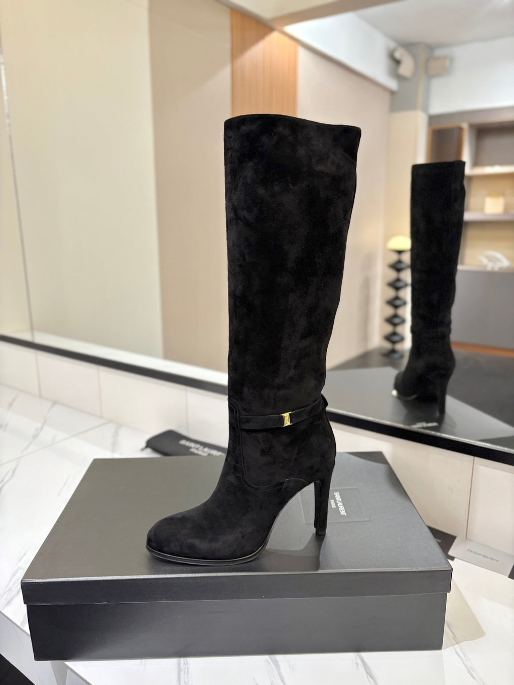 YSL 26S KNEE-HIGH BOOTS 95 MM IN BLACK SUEDE