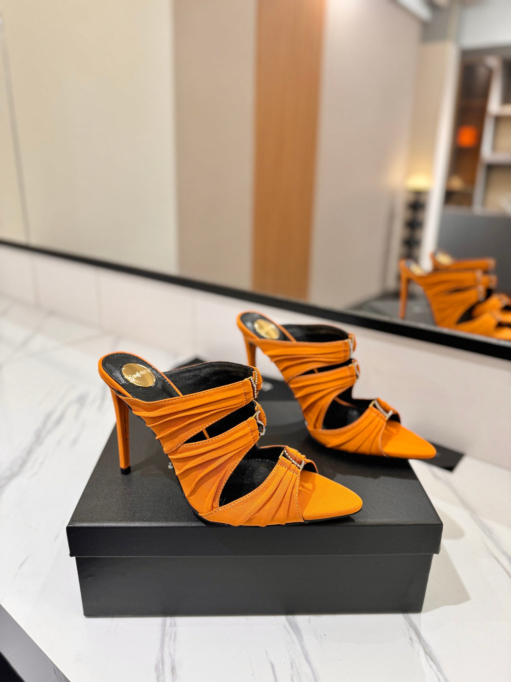 YSL 26S HEELED SANDALS 100 MM IN ORANGE FABRIC