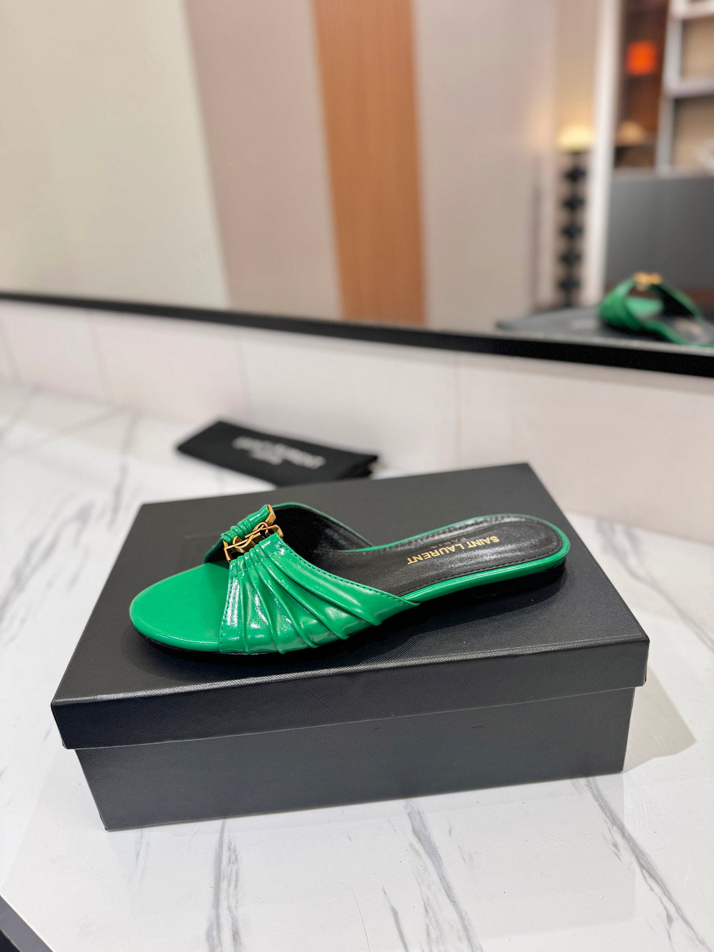YSL 26S BABYLONE FLAT MULES IN GREEN LAMBSKIN