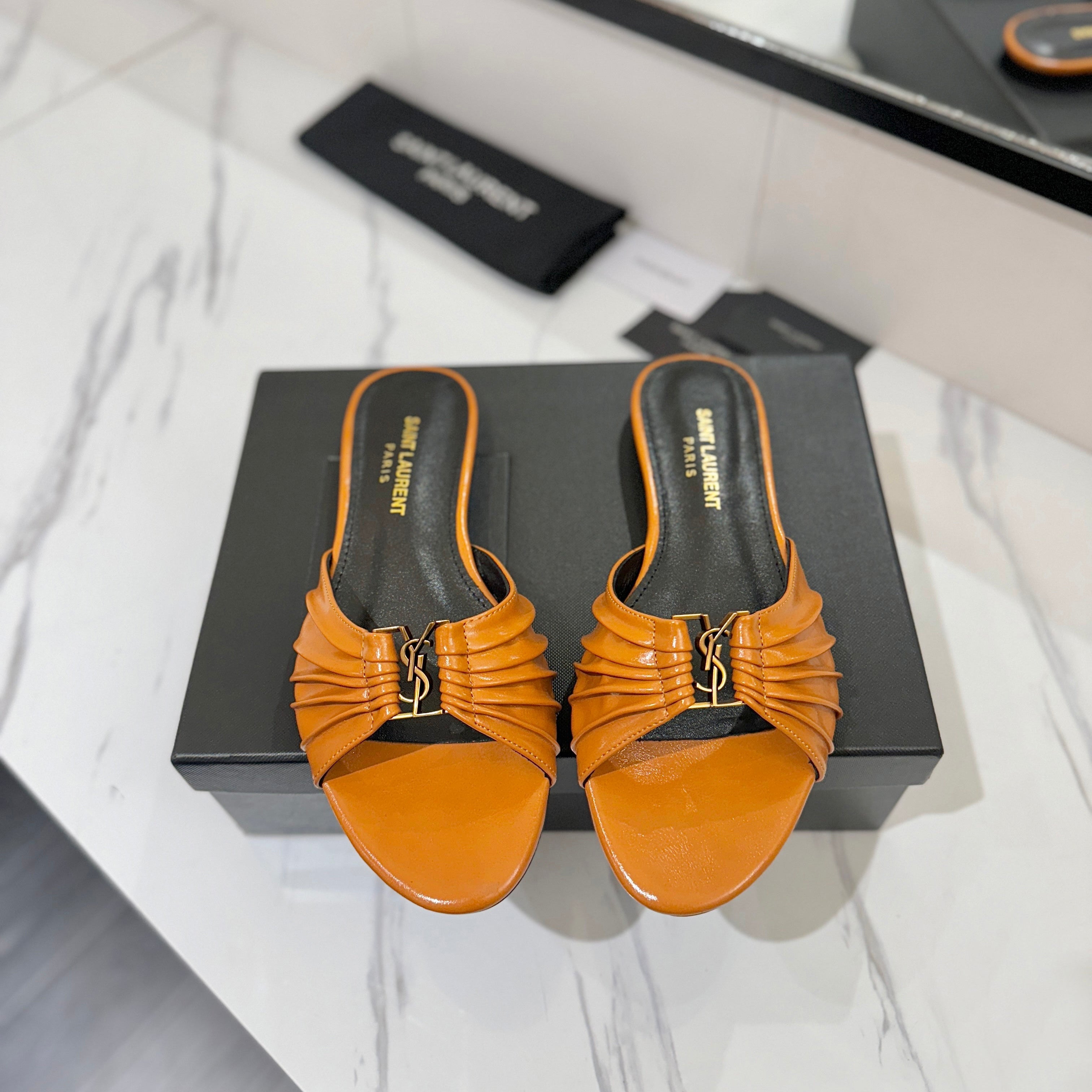 YSL 26S BABYLONE FLAT MULES IN DARK ORANGE LAMBSKIN