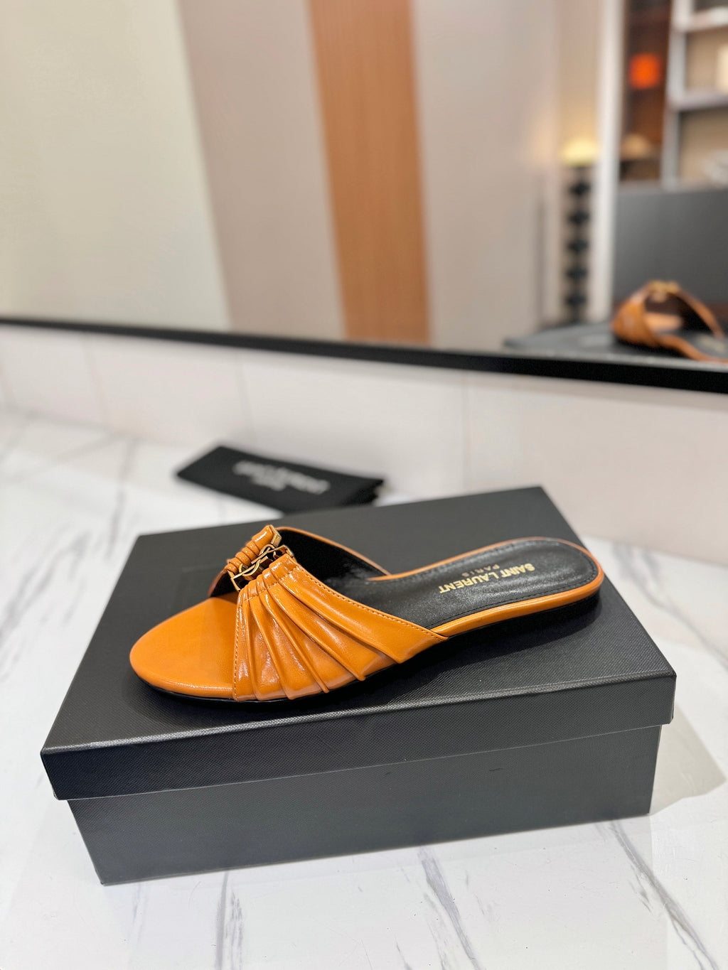 YSL 26S BABYLONE FLAT MULES IN DARK ORANGE LAMBSKIN