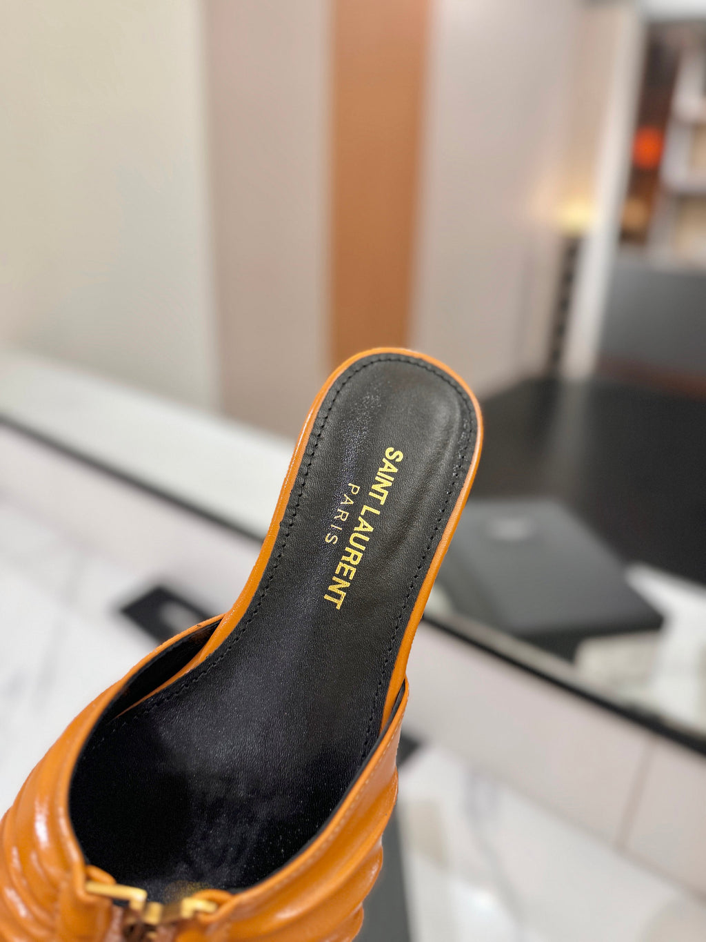 YSL 26S BABYLONE FLAT MULES IN DARK ORANGE LAMBSKIN