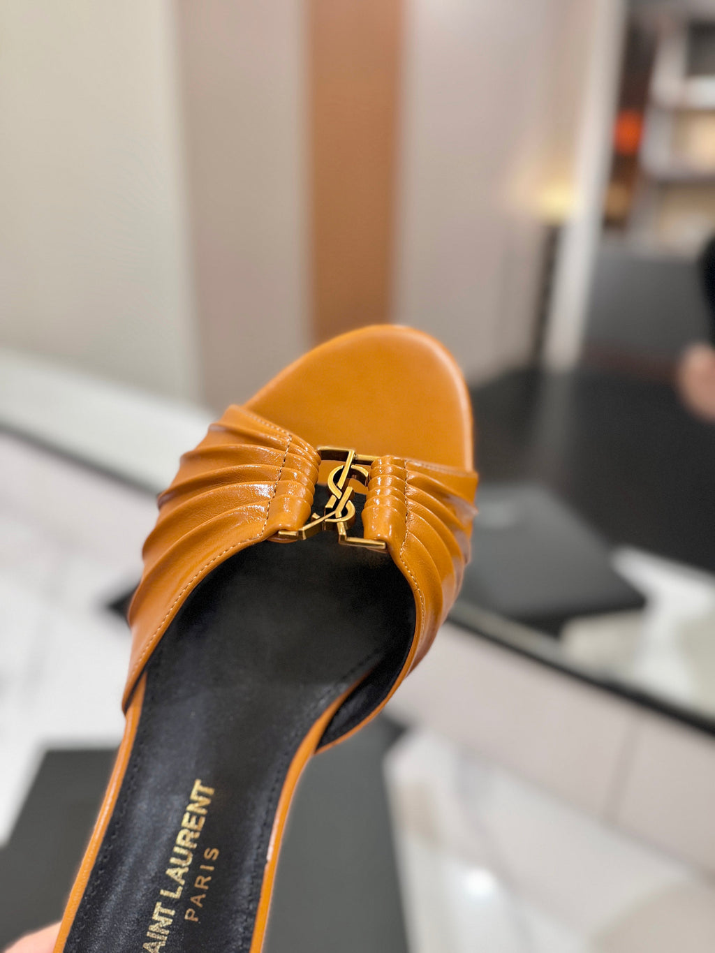 YSL 26S BABYLONE FLAT MULES IN DARK ORANGE LAMBSKIN