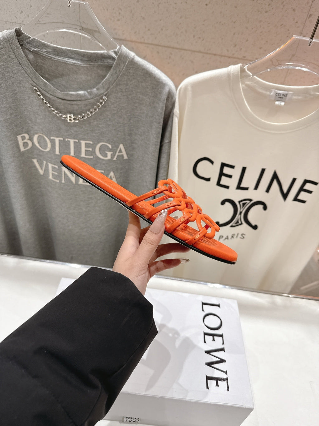 LOEWE 26S PETAL ANAGRAM SLIDE IN BURNT ORANGE CALFSKIN