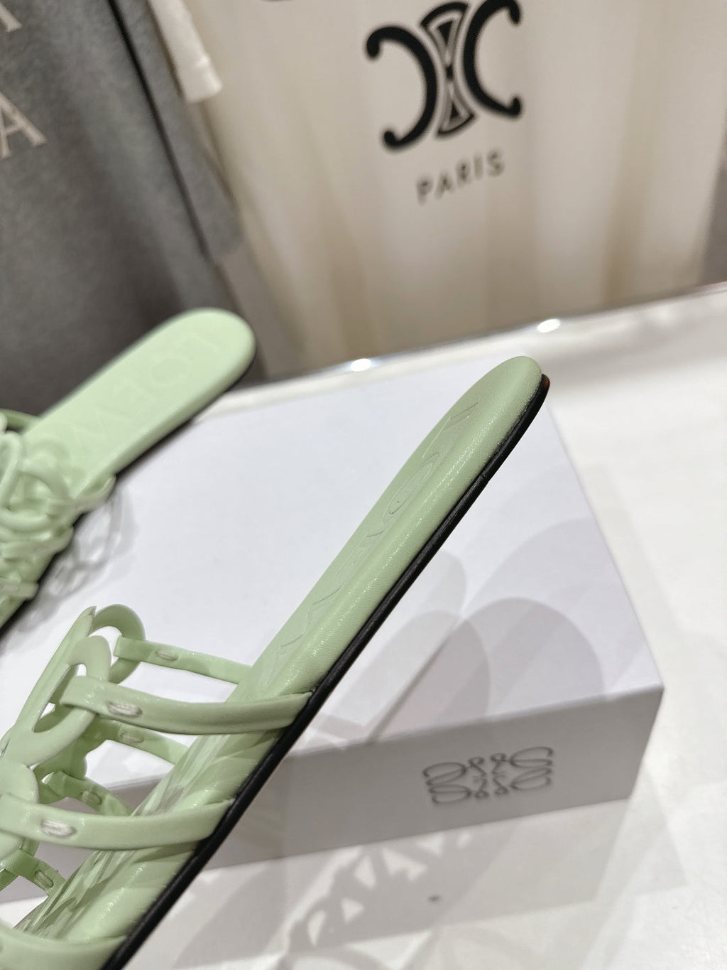 LOEWE 26S PETAL ANAGRAM SLIDE IN SAGE GREEN CALFSKIN