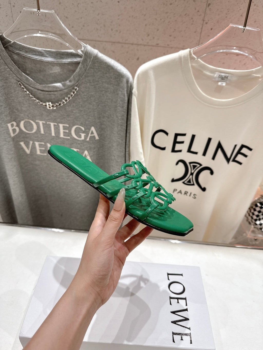 LOEWE 26S PETAL ANAGRAM SLIDE IN GREEN CALFSKIN