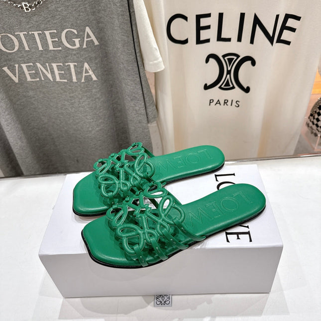 LOEWE 26S PETAL ANAGRAM SLIDE IN GREEN CALFSKIN