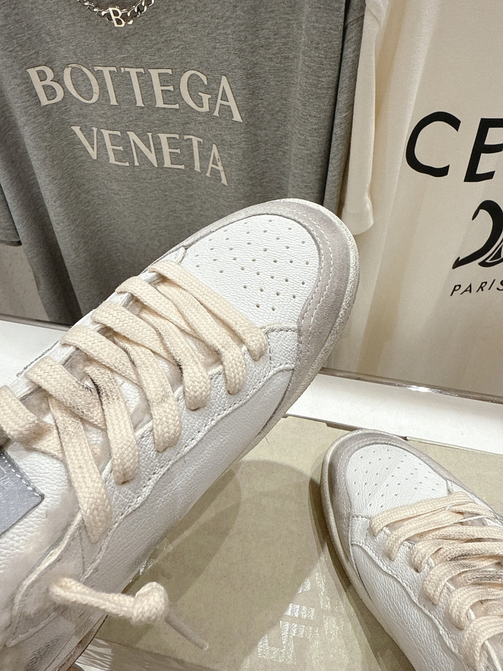 GOLDEN GOOSE BALL STAR LOW-TOP SNEAKERS IN WHITE AND SILVER-TONE COLORWAY