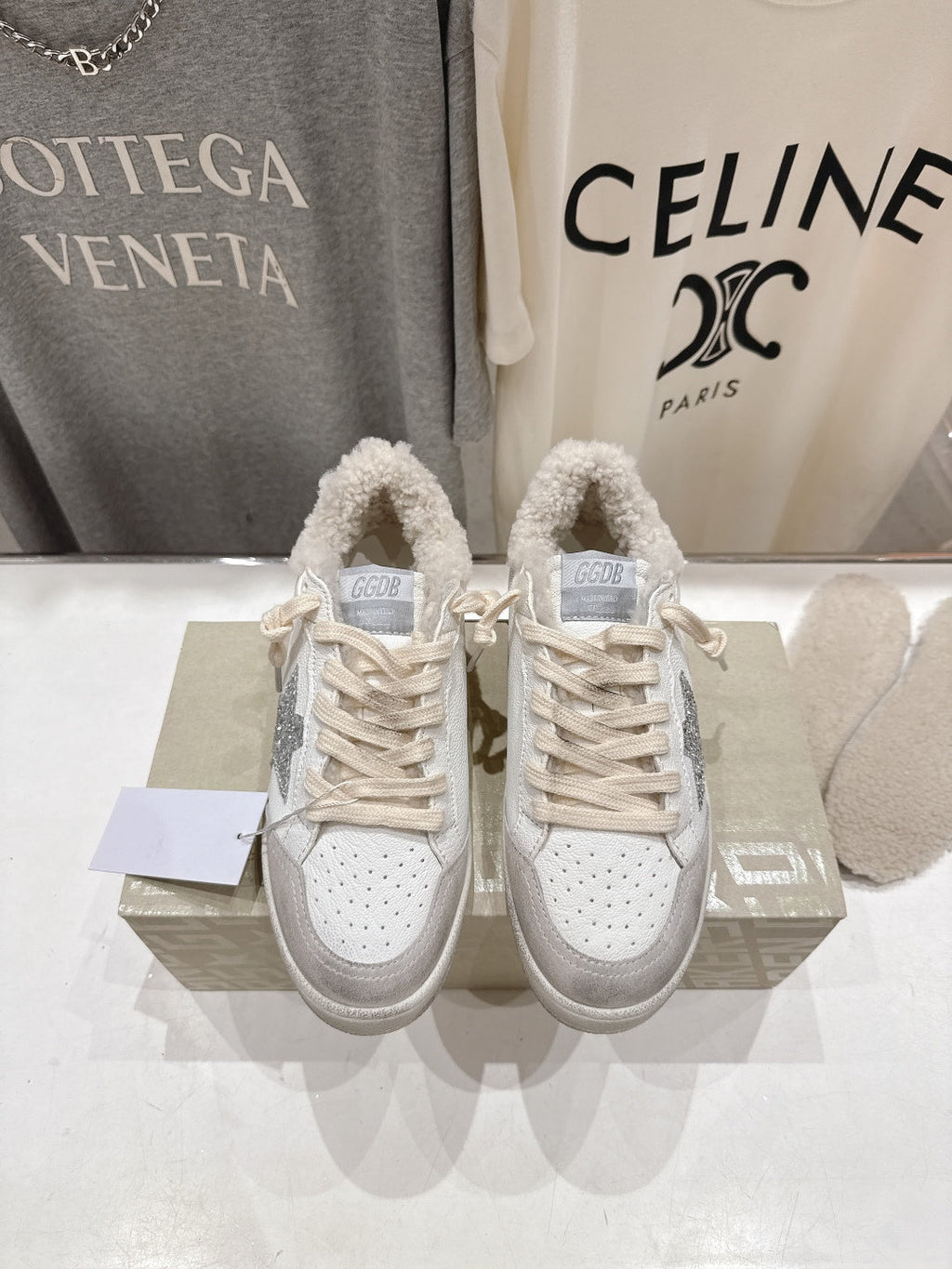 GOLDEN GOOSE BALL STAR LOW-TOP SNEAKERS IN WHITE AND SILVER-TONE COLORWAY