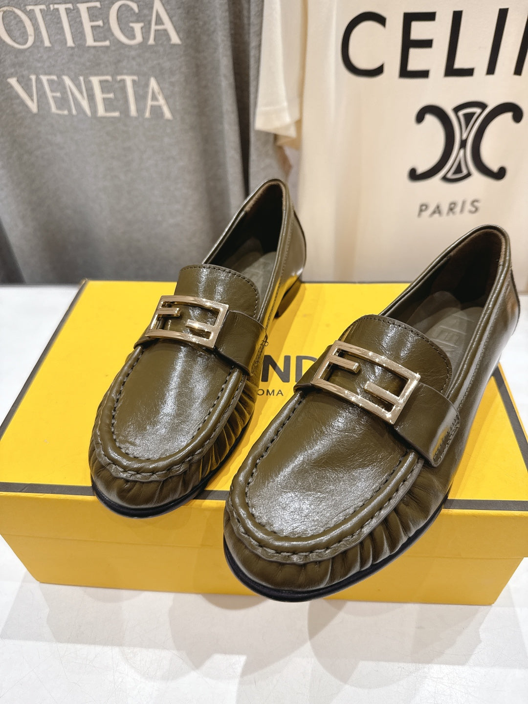 FENDI 25S LOAFERS IN DARK OLIVE BROWN CALFSKIN