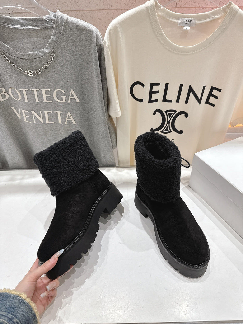 CELINE 26S FUR-TRIM ANKLE BOOTS IN BLACK SUEDE
