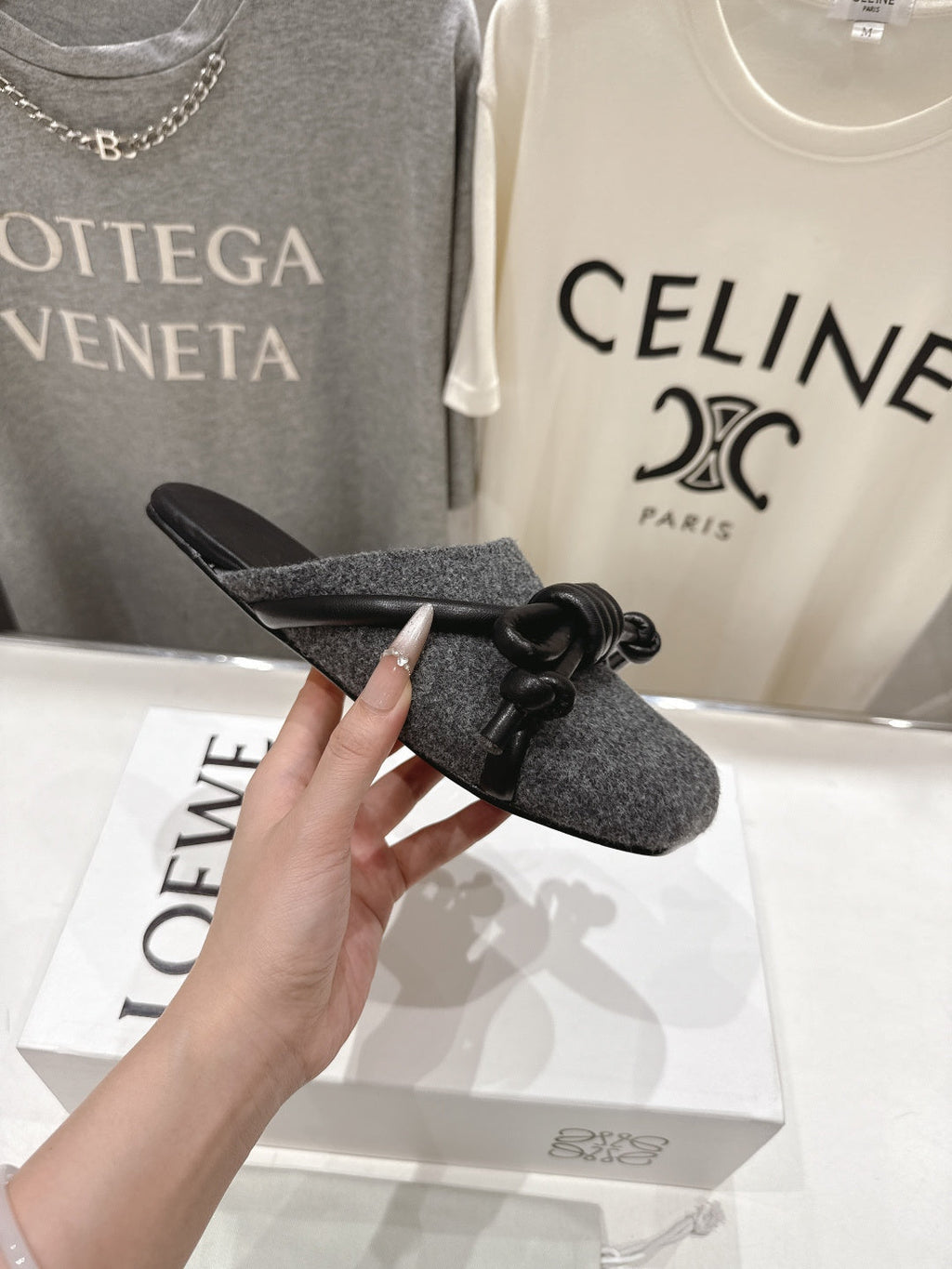 LOEWE 26S MULE LOAFERS IN DARK GREY CALFSKIN AND FABRIC KNOT DETAIL