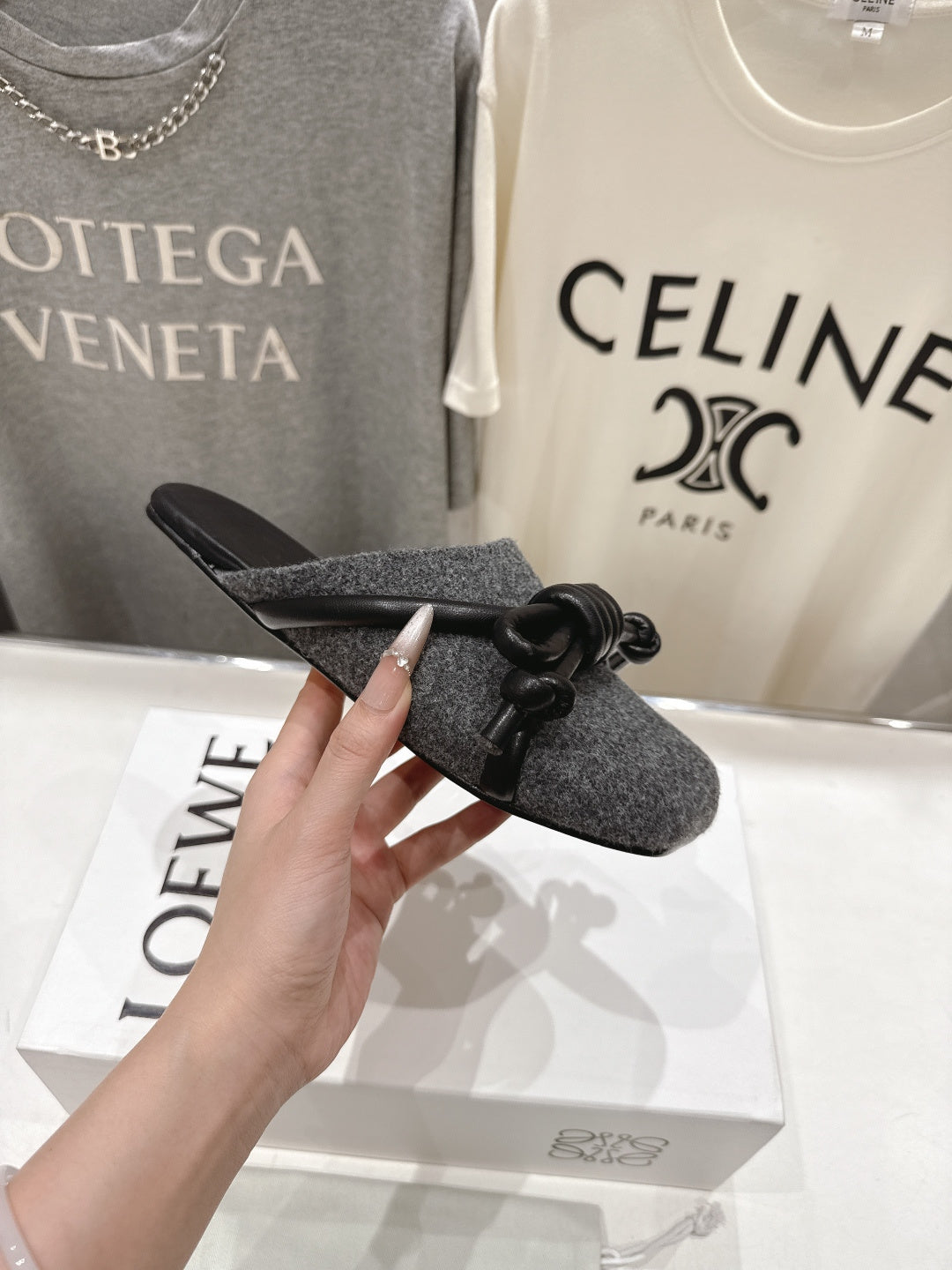 LOEWE 26S MULE LOAFERS IN DARK GREY CALFSKIN AND FABRIC KNOT DETAIL