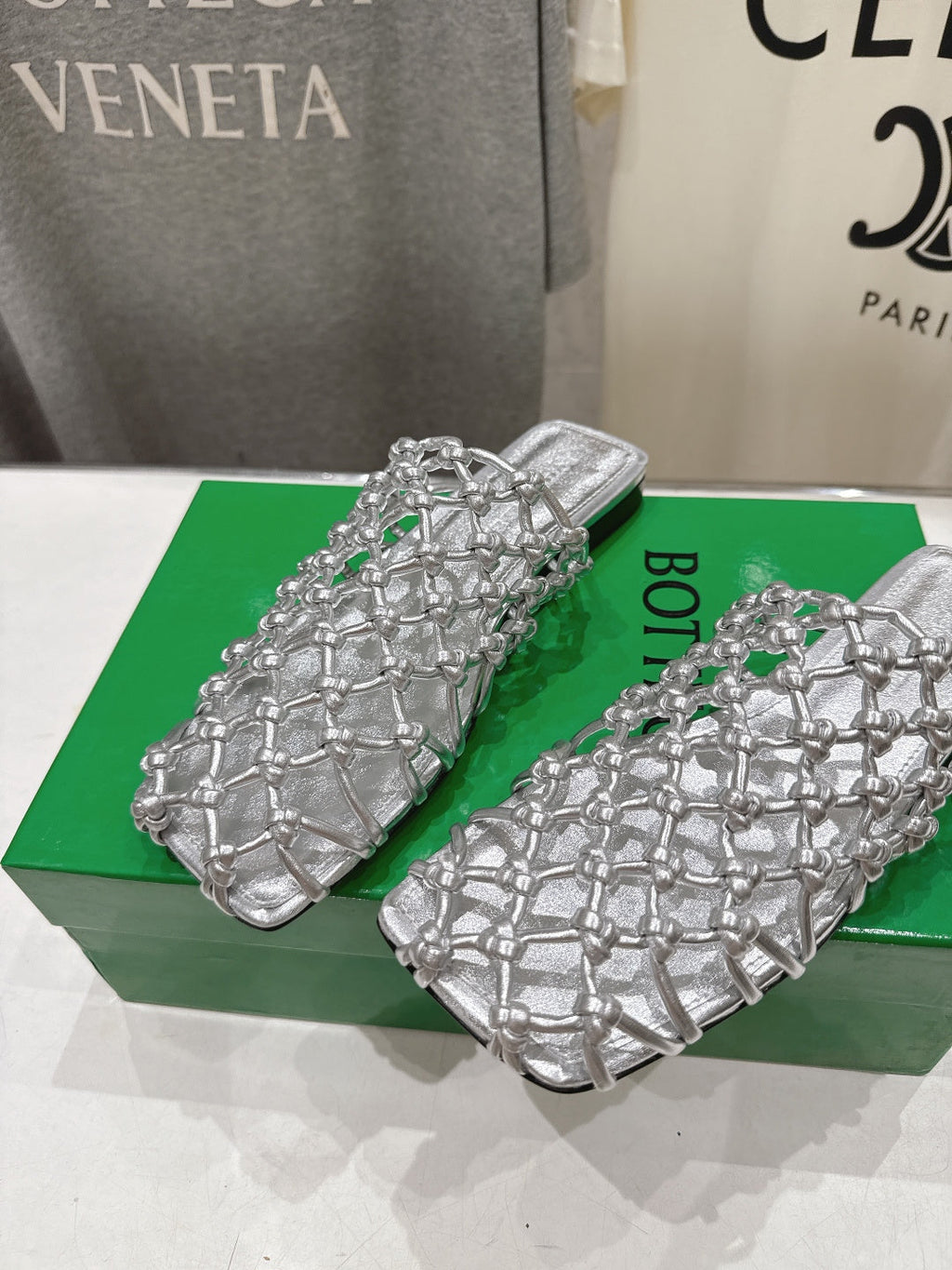 BOTTEGA VENETA 26S WOVEN MULES IN SILVER LAMBSKIN