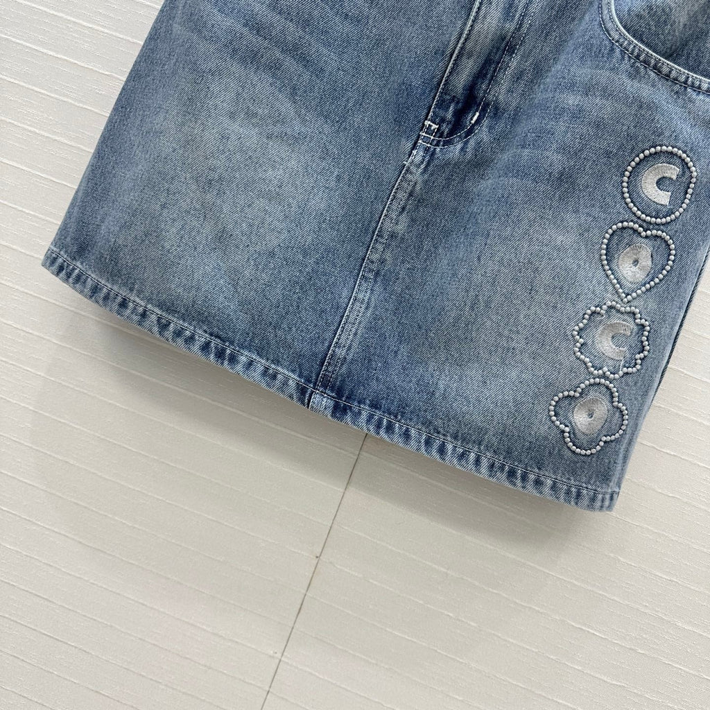 CC 25 Embroidered Short Skirt Blue Denim Cotton