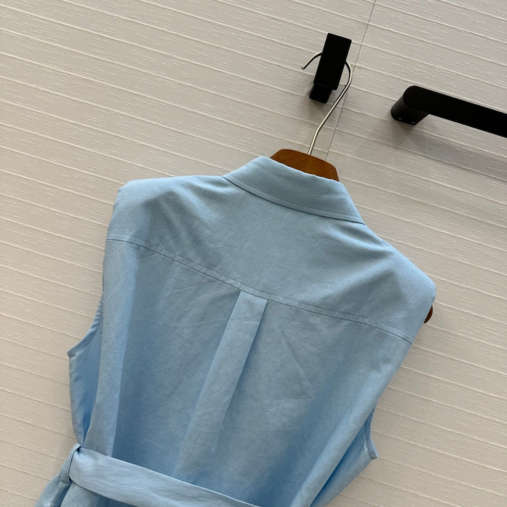 Loewe 25 Lace-up Waist Sleeveless Shirt Blue Linen