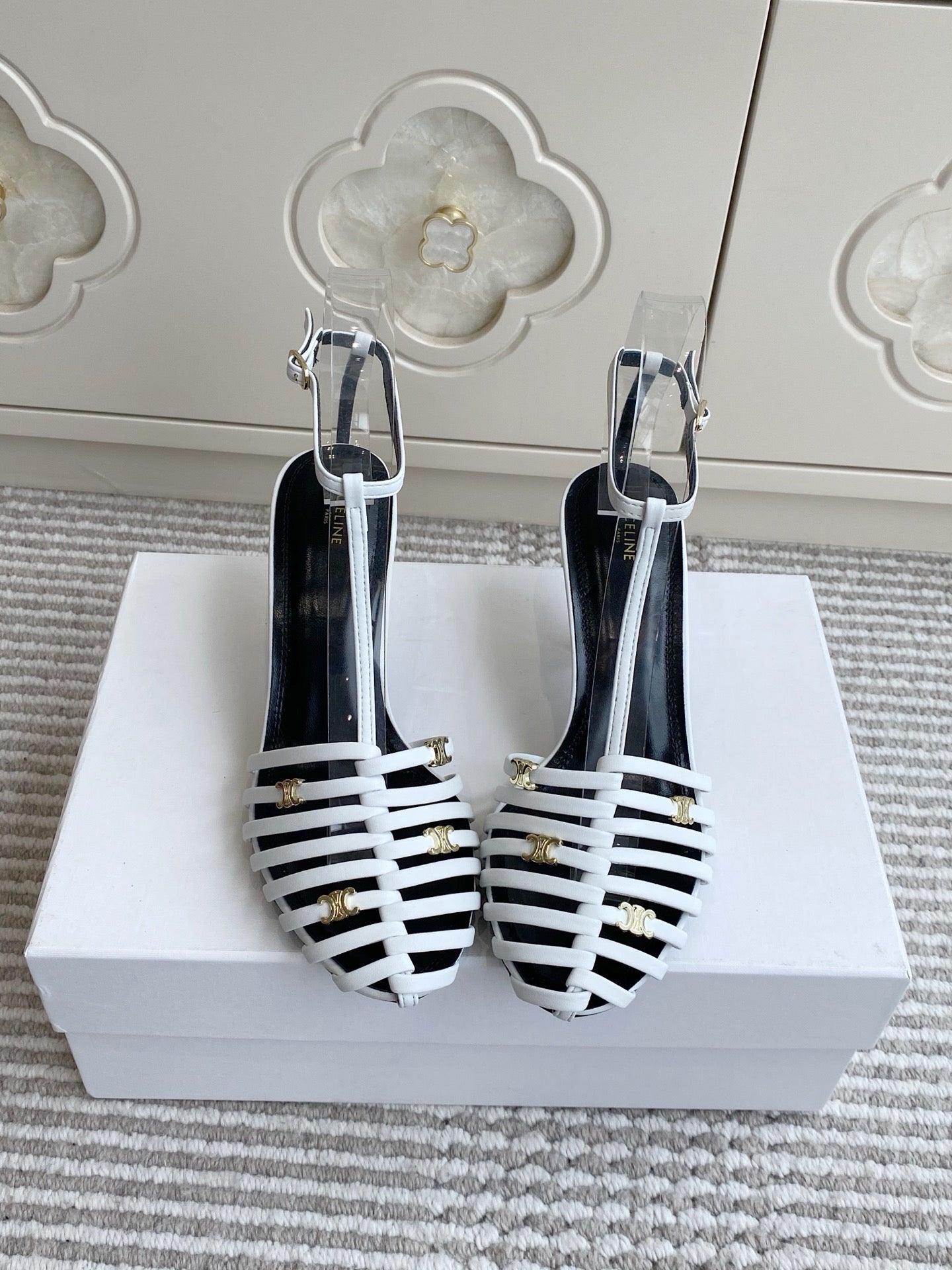 CELINE 26S CLEA TRIOMPHE GLADIATOR HEEL SANDALS 60 MM IN WHITE LAMBSKIN
