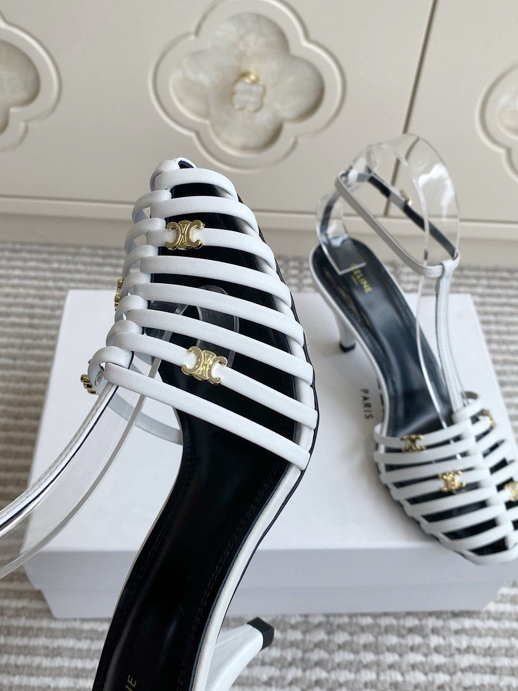 CELINE 26S CLEA TRIOMPHE GLADIATOR HEEL SANDALS 60 MM IN WHITE LAMBSKIN