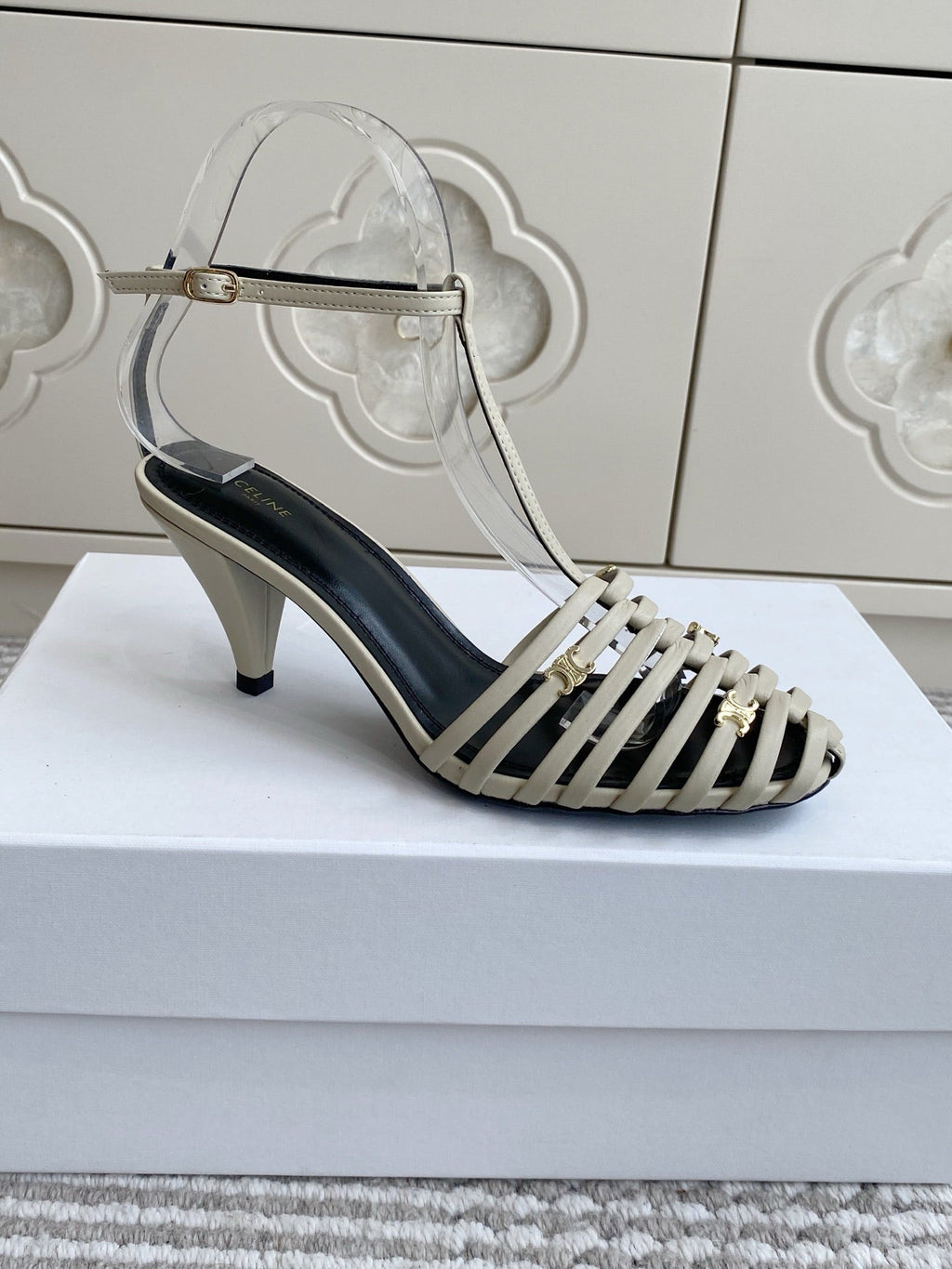 CELINE 26S CLEA TRIOMPHE GLADIATOR HEEL SANDALS 60 MM IN BEIGE LAMBSKIN