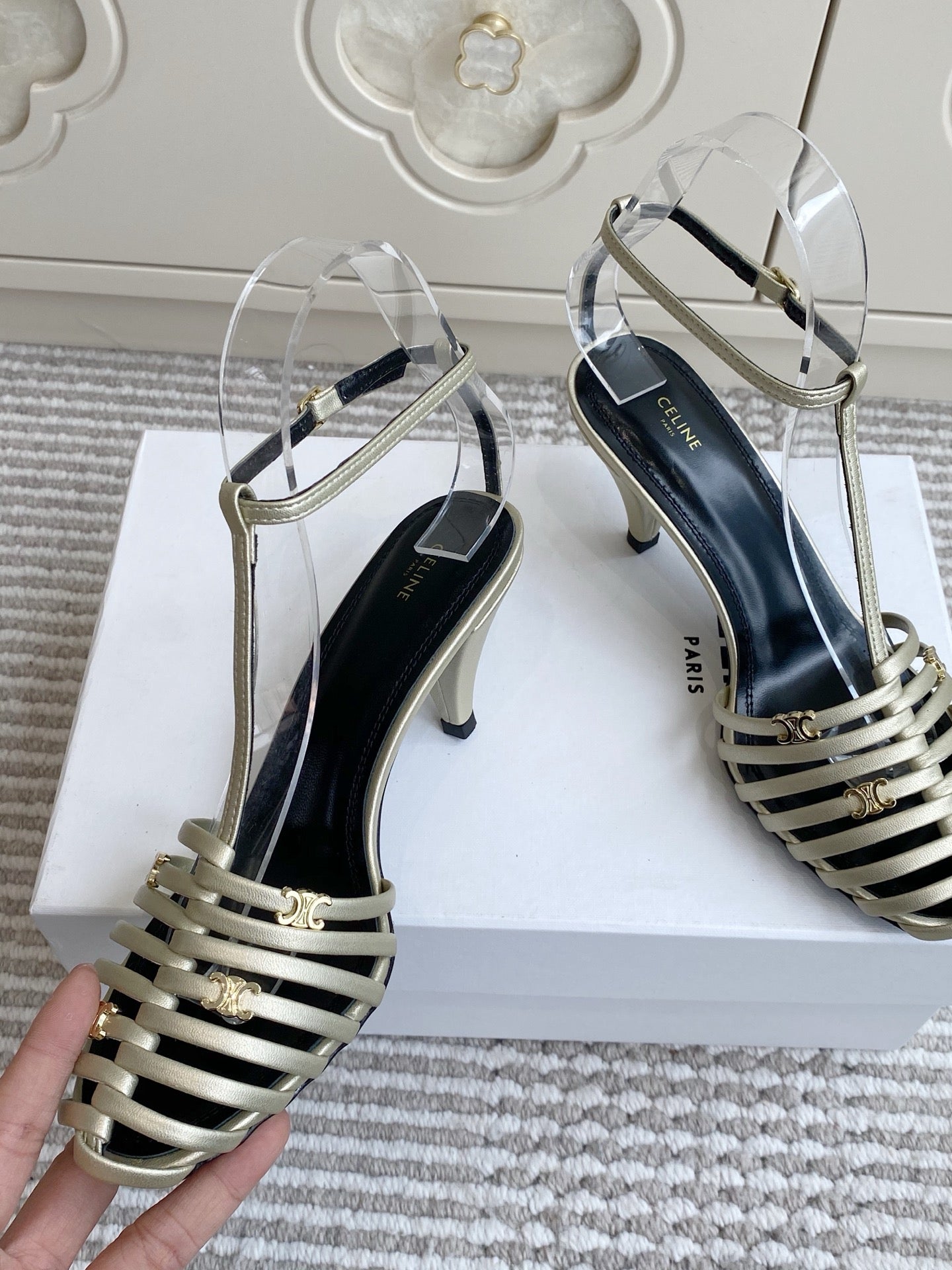 CELINE 26S CLEA TRIOMPHE GLADIATOR HEEL SANDALS 60 MM IN CHAMPAGNE GOLD LAMBSKIN