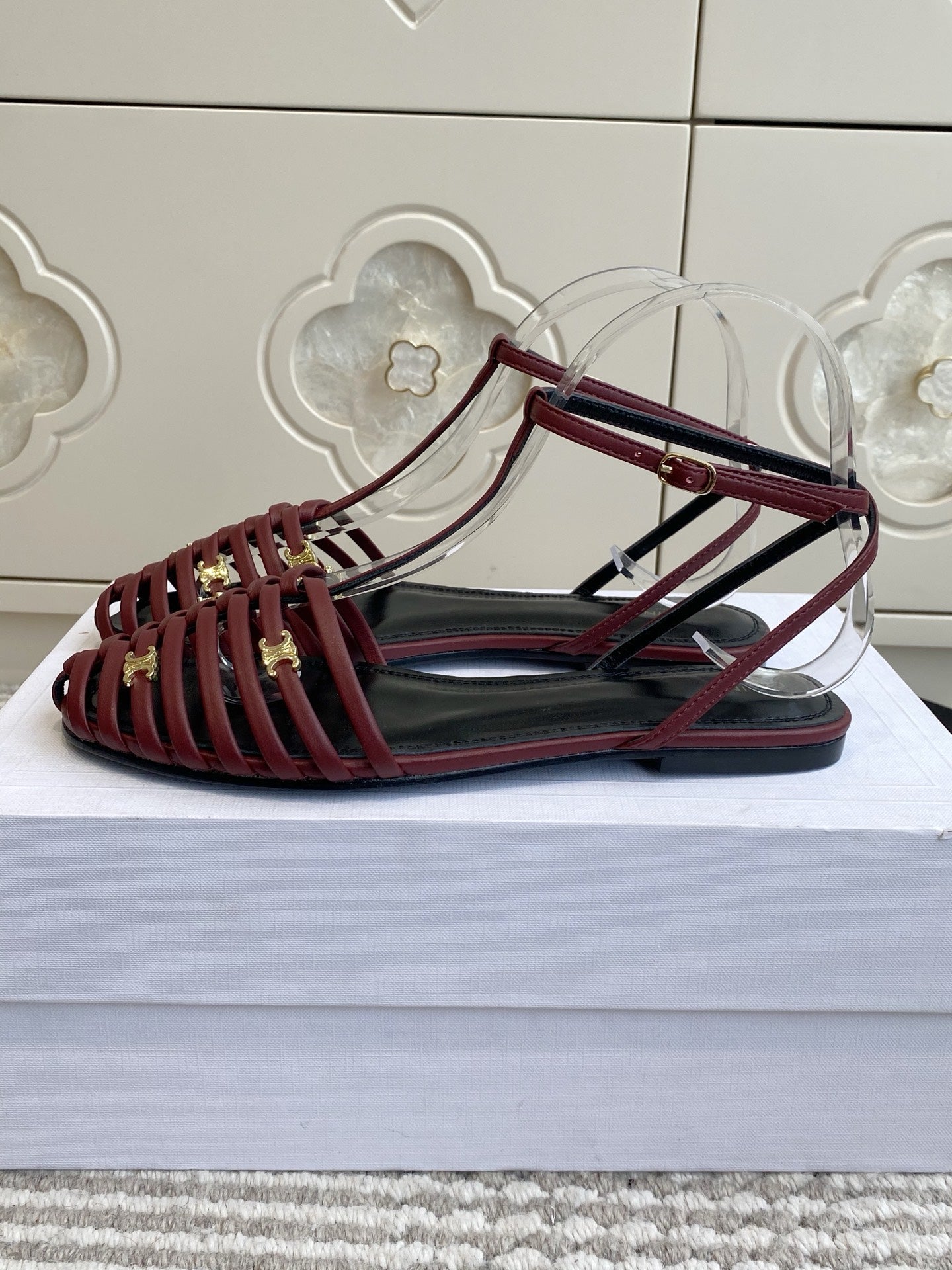 CELINE 26S CLEA TRIOMPHE GLADIATOR SANDALS IN DARK RED LAMBSKIN