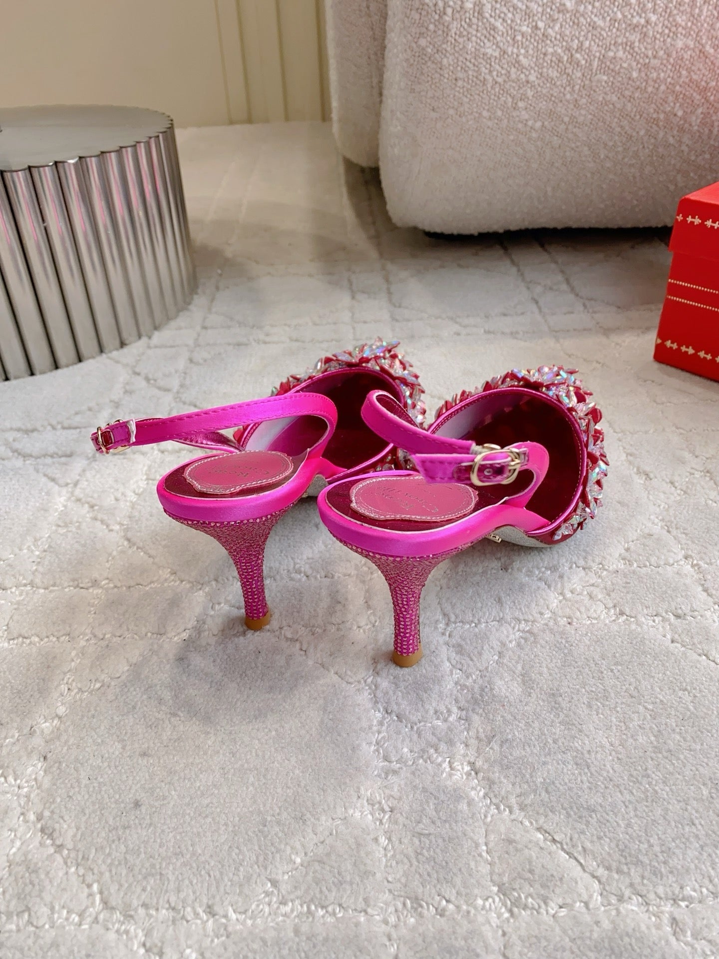 RENE CAOVILLA 26S HEELED SLINGBACKS 65 MM IN DARK PINK CRYSTAL FLOWERS