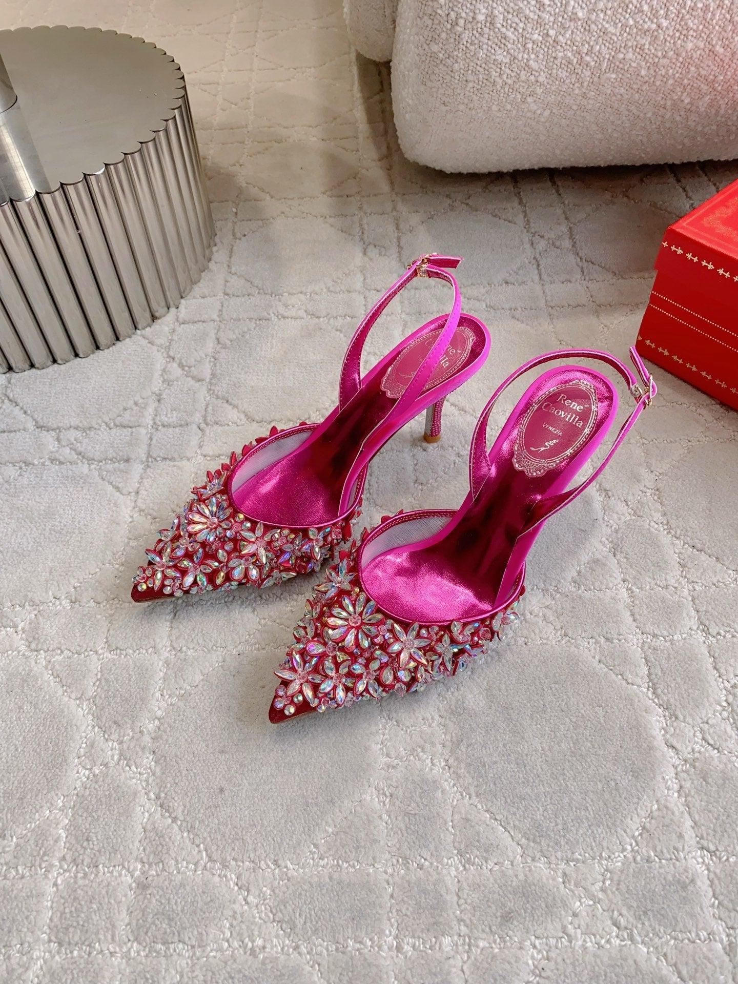 RENE CAOVILLA 26S HEELED SLINGBACKS 65 MM IN DARK PINK CRYSTAL FLOWERS