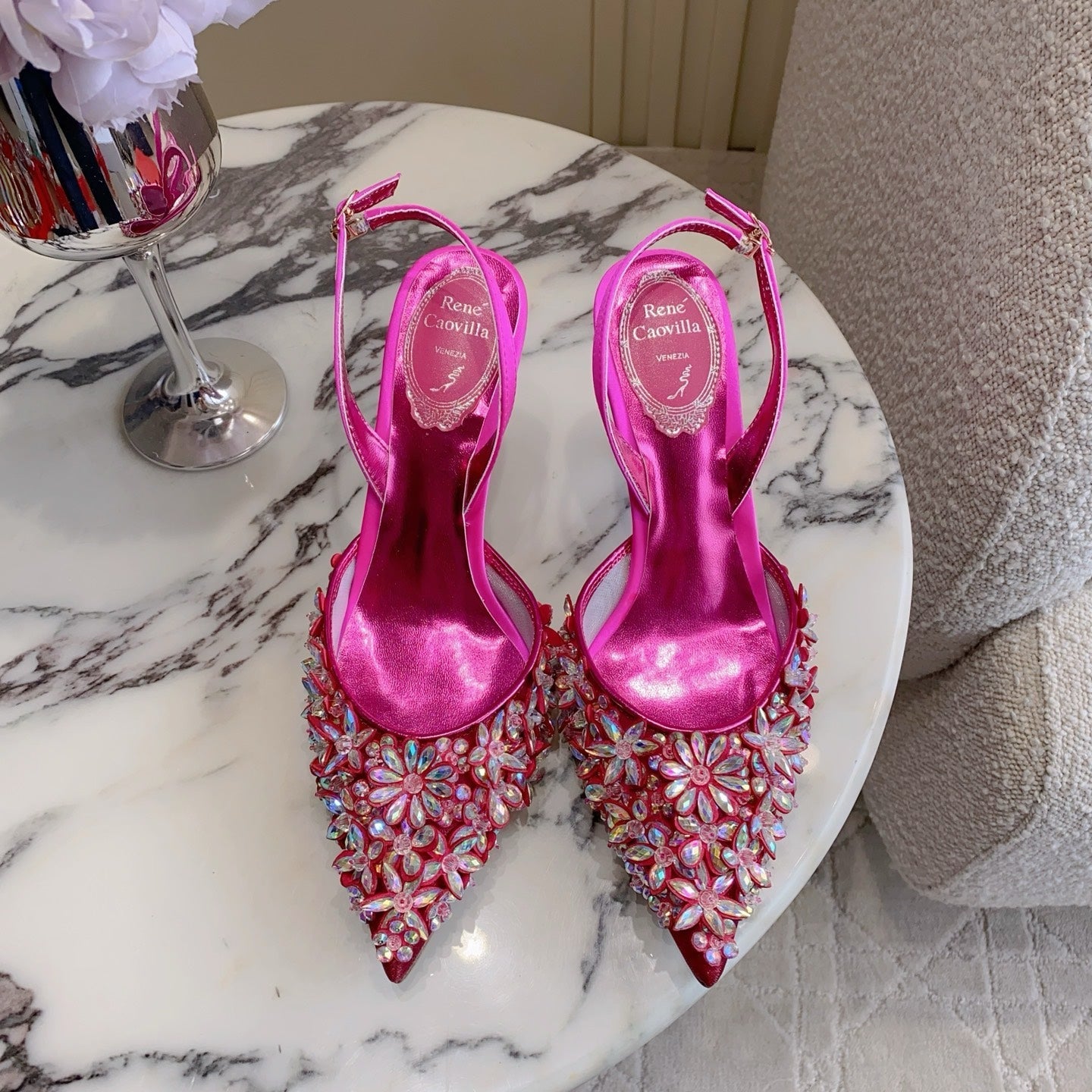 RENE CAOVILLA 26S HEELED SLINGBACKS 65 MM IN DARK PINK CRYSTAL FLOWERS